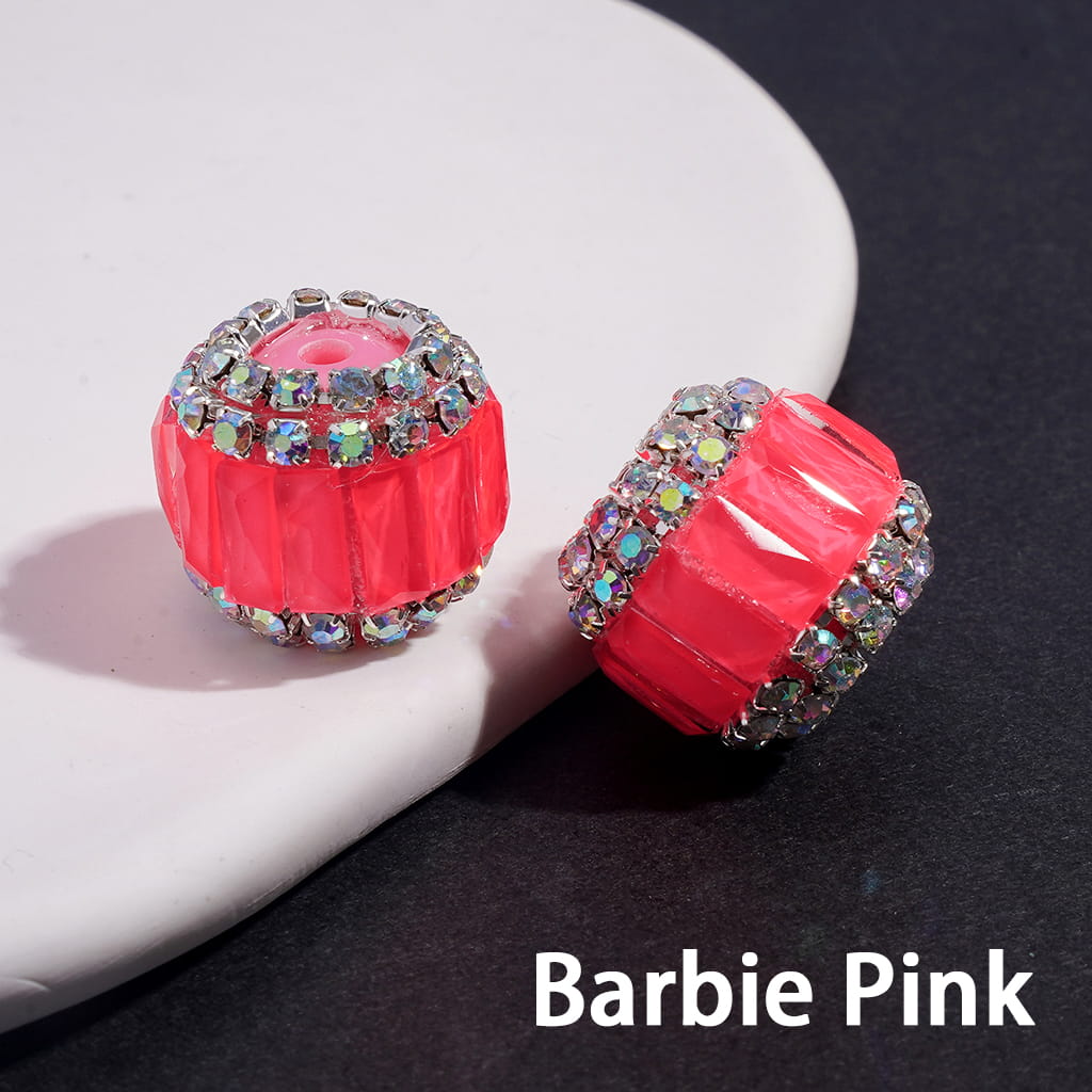 Handmade Acrylic Beads with Rectangle Rhinestones & AB Rhinestone Chains in Double Layer, Fluorescence Colors, 16MM