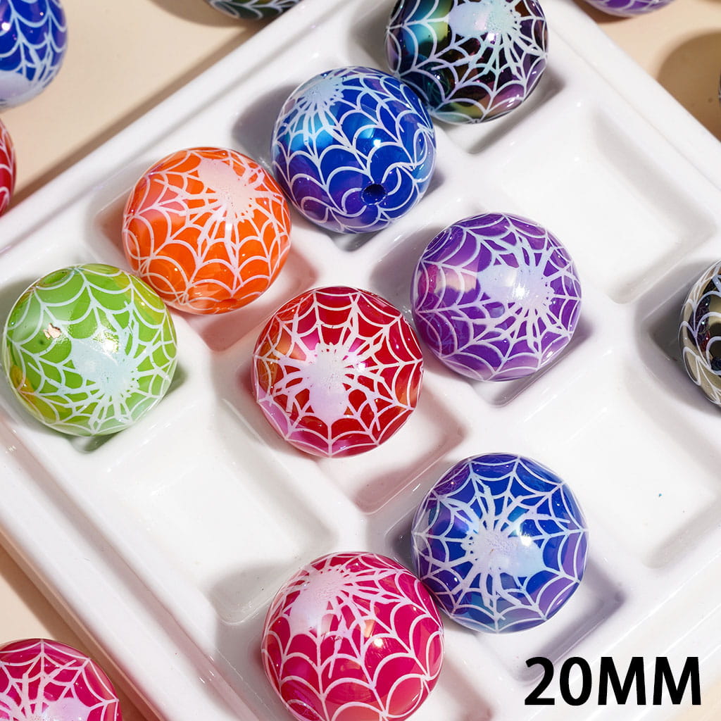 White Spider and Web Mesh Patterns UV Coating Acrylic Beads for Bracelets, 20MM, Multi-Color, Random Mix