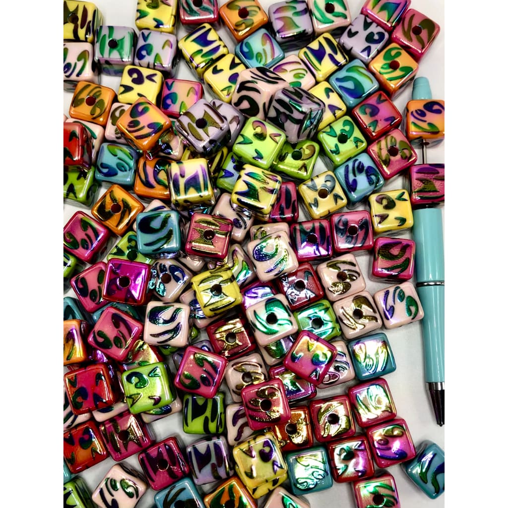 トラ、ジャガー、チーター柄キューブアクリルビーズ、ランダムミックス、16mm、XBL