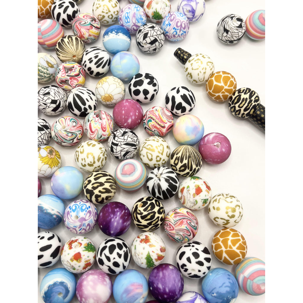 Large Silicone Beads, Printed Silicone Beads, 19mm Large Size, Random Mix