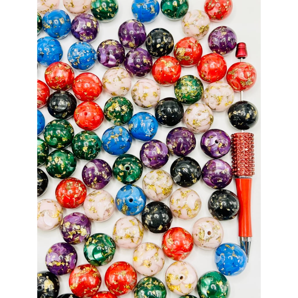 Marble Pattern Luxurious Gold Leaf Round Acrylic Beads, 20mm, Random Mix, WM