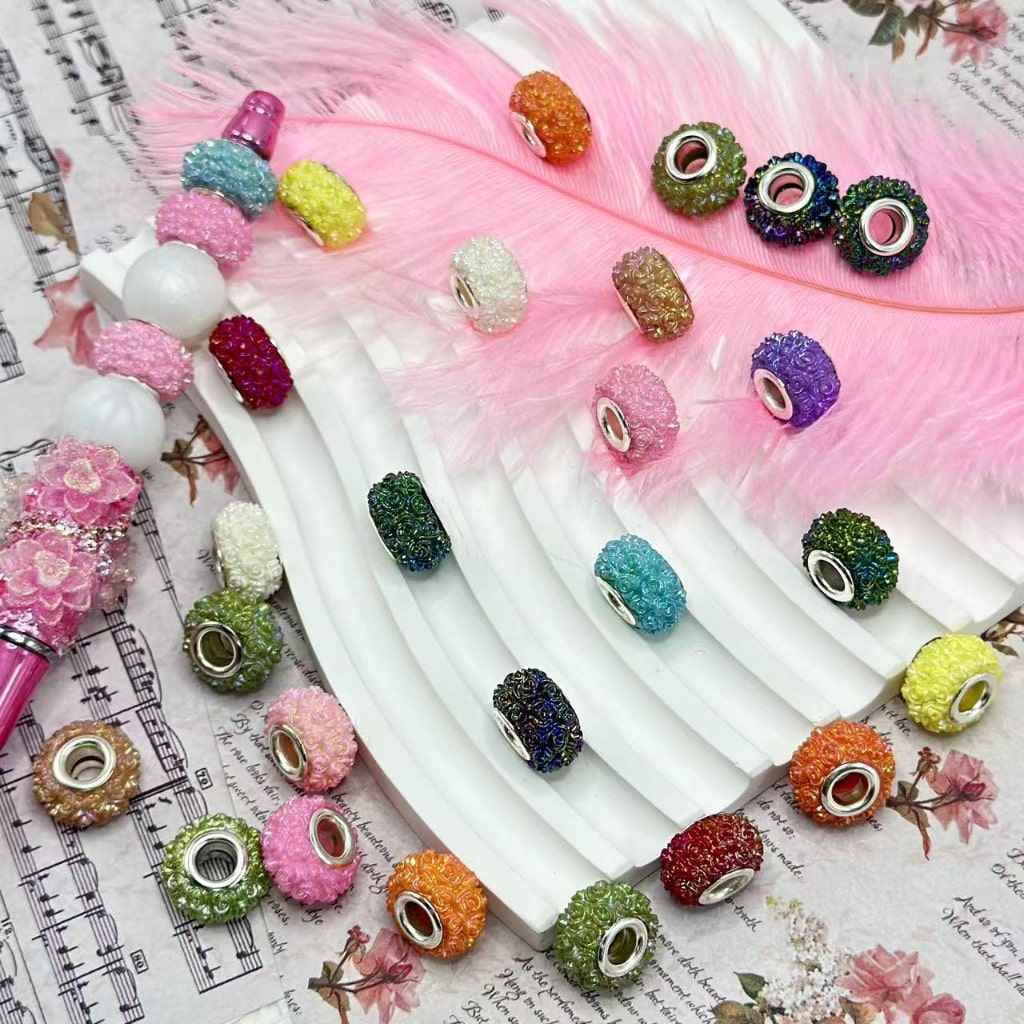 14 mm acrylic beads with bling-bling UV finish, featuring multi-color mini flower wheel designs and large holes, assorted random mix for DIY jewelry and craft projects.