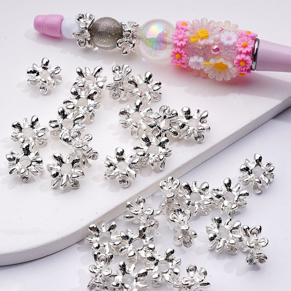 Silver Metal Beads Cute Fancy Alloy Flower Spacer, 10 MM