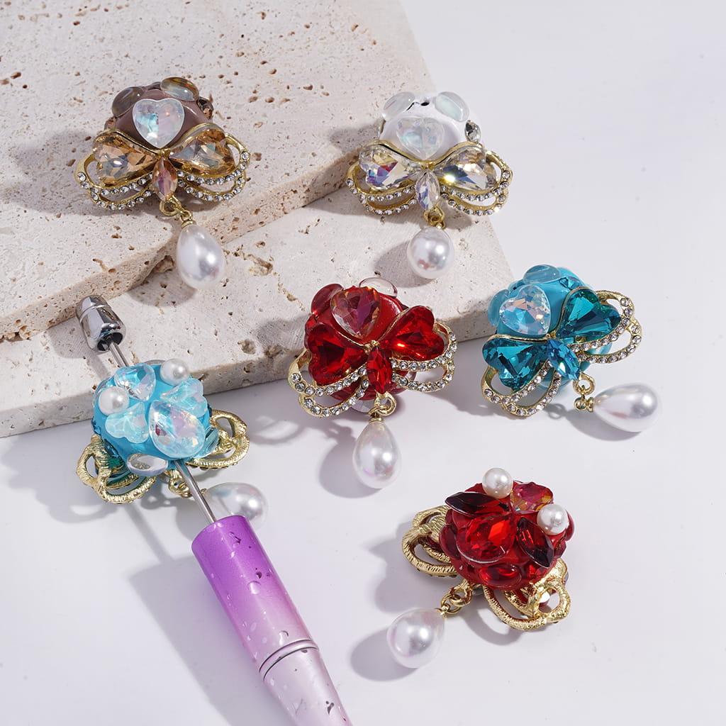 Clay Beads with Alloy Butterfly Heart Marquise Cut Clear Rhinestones, w Hanging Pendant Charms White Pearls, Random Mix