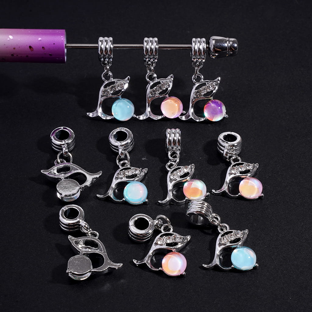 Silver Alloy Bail Loop Beads with Charm Pendants Dolphin with Clear Round Rhinestones, Jewelry Accessories, Large Hole, Random Mix