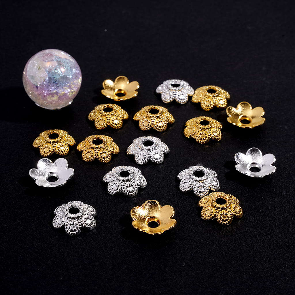 Alloy Spacer Beads Six-Petaled Flower with Retro Texture, 10MM, Gold Silver, Random Mix (They Fit 16MM Beads)