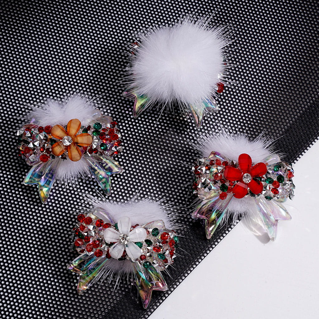 Handmade Bow Acrylic Beads w Flower & White Fluff, w Christmas Red Green Rhinestones on Sugar Wrap Tape