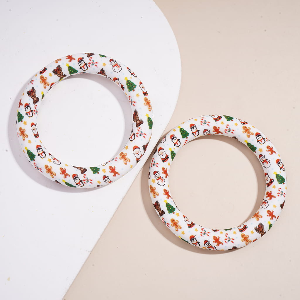 Silicone Focal Beads Soft Round Ring with Christmas Tree Santa Claus Snowman Gingerbread Candy Cane Deer Penguin Prints, 65MM