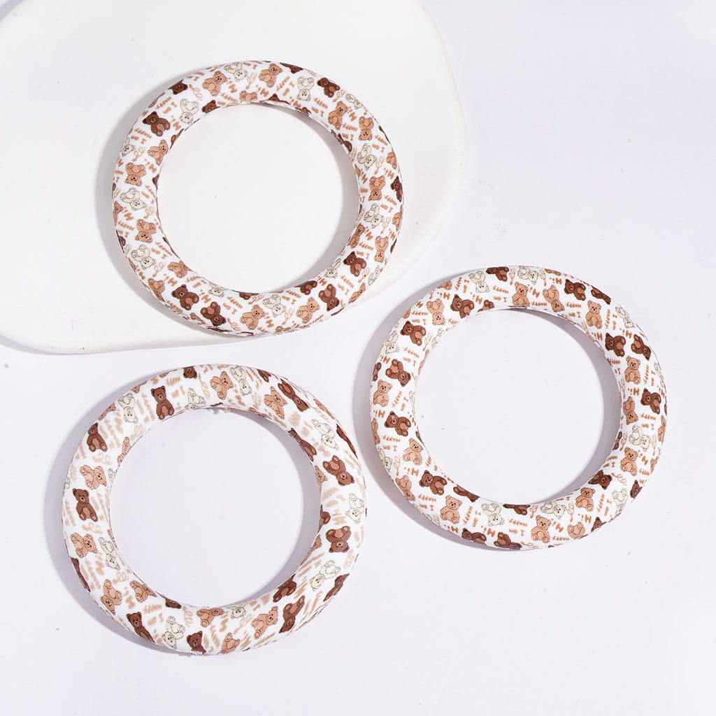 Soft Silicone Ring Frame Beads, Bear Printed Patterns, for Car Hanger Charm DIY Accessories, 65MM