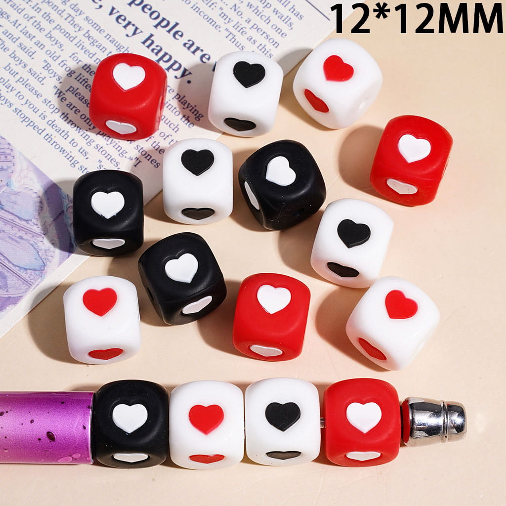 Silicone Focal Beads with Heart Printed Cube Square Shape, 12*12MM Multi-Color Random Mix