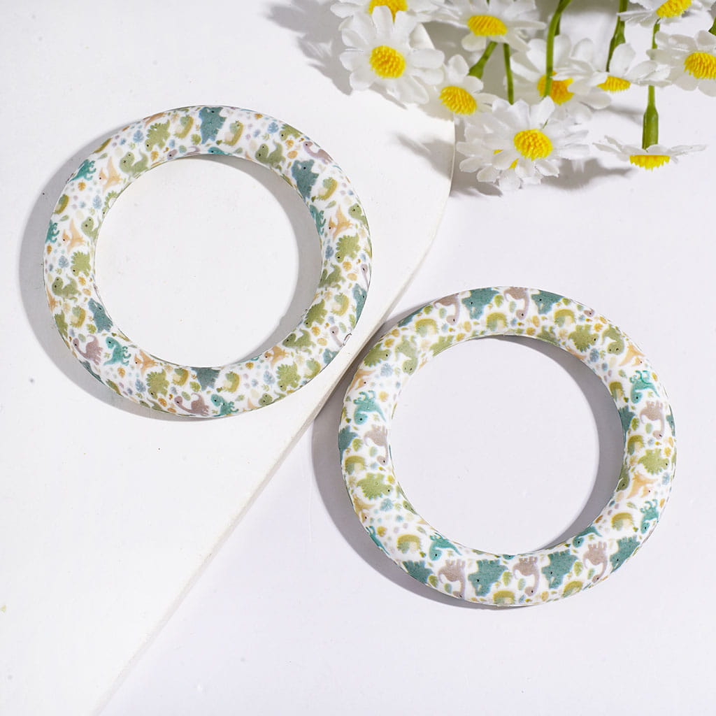 Silicone Bead Ring Frame, Circle Round Soft Car Hanger Charm Loop, Dinosaurs Series Prints, 65MM