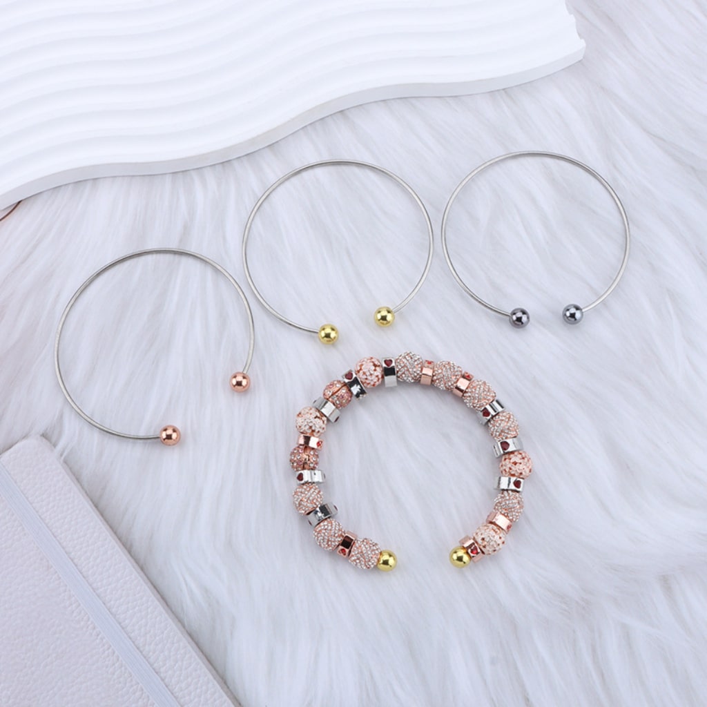 Large DIY Beadable Metal Bracelet with Rose-Gold Gray Gold Round Balls