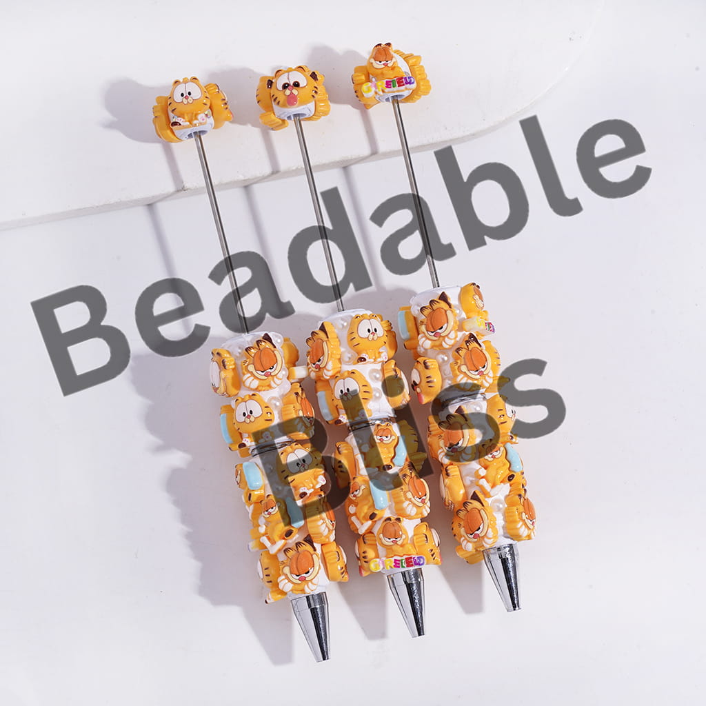 Beadable Clay Pens with Yellow Lazy Cat Series, AB Rhinestones and White Pearls