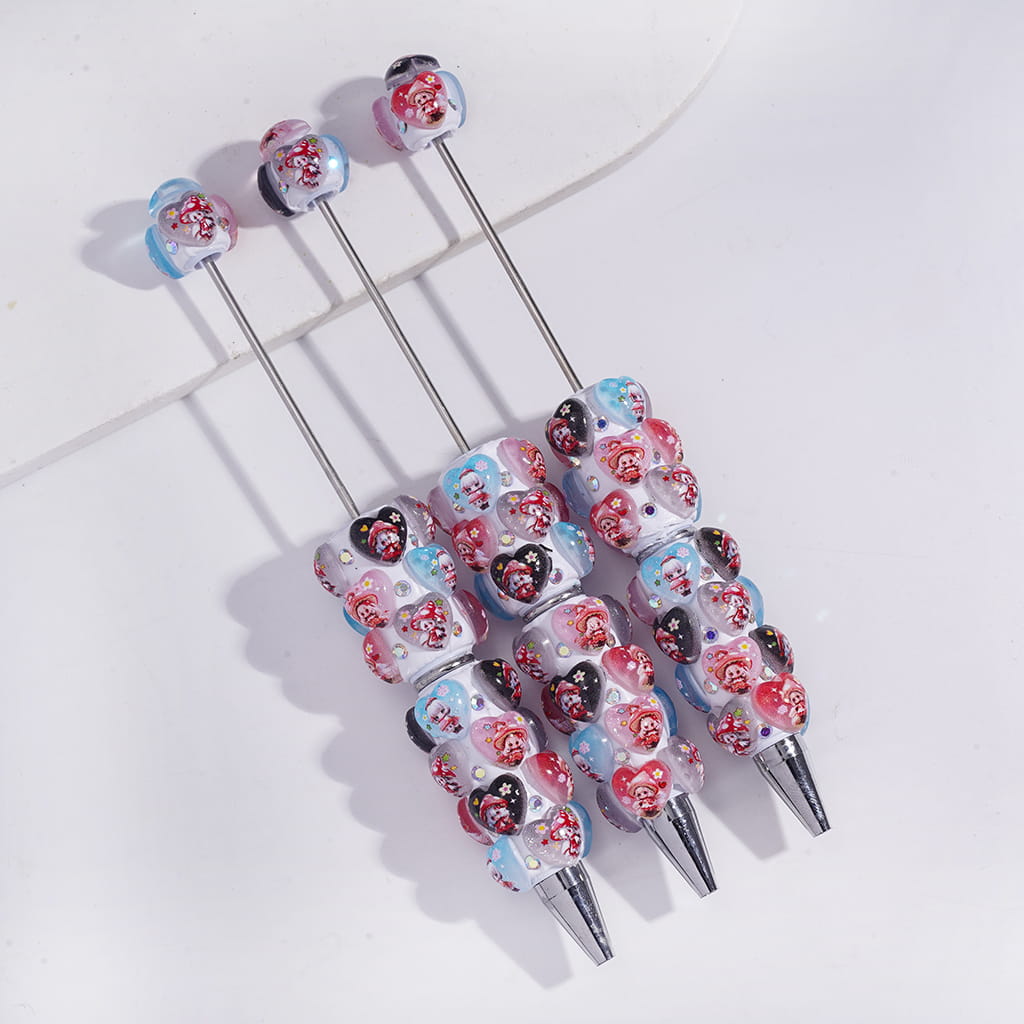 Beadable Clay Pen Heart with Mushroom Girl Patterns and AB Rhinestones