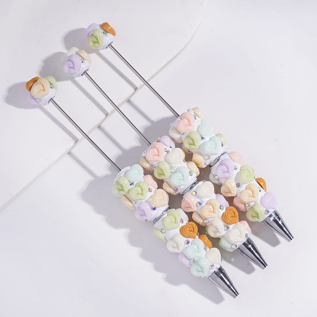 Beadable Clay Pen with Cream Cookies Texture Heart and AB Rhinestones