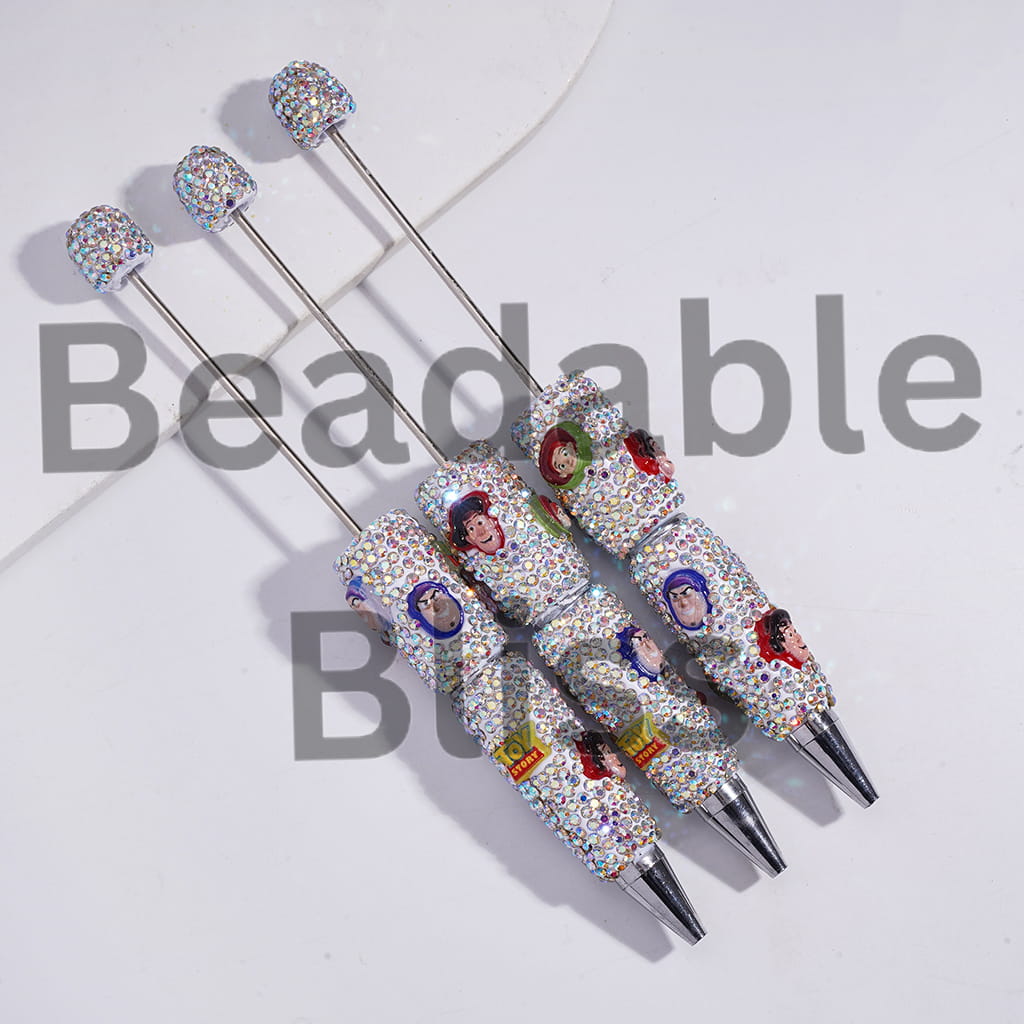 Beadable Clay Pens with Toy Adventure Character Series and Mini AB Rhinestones Covered the Entire Pen