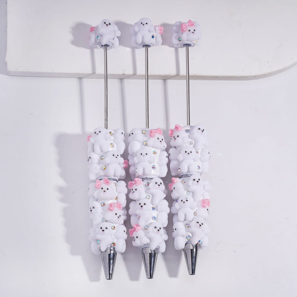 Beadable Clay Pens with Cute Puppy Dog Wearing Pink Bowtie on Head, AB Rhinestones and White Pearl