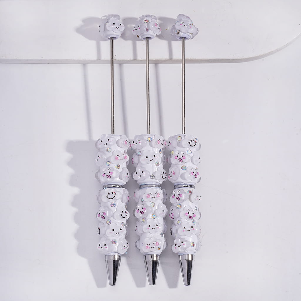 Beadable Clay Pens with Smiling White Clouds and AB Rhinestones
