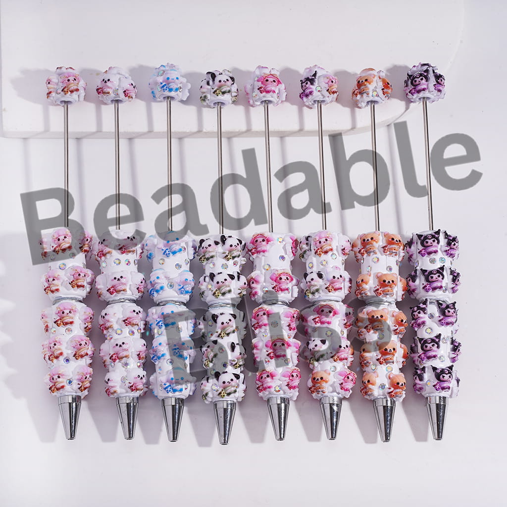 Beadable Clay Pens with Adorable Character Holding Bubble Tea Series and AB Rhinestones, Random Mix