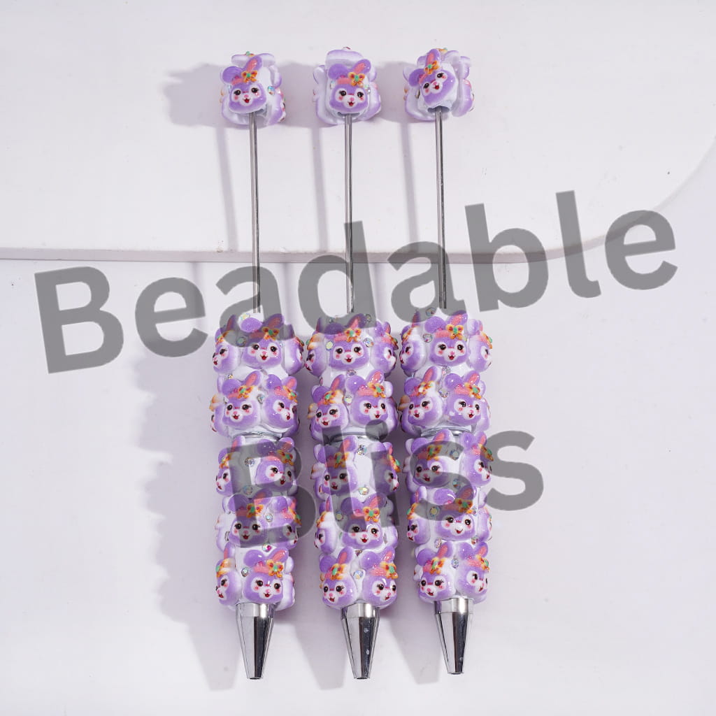 Beadable Clay Pens with Classic Animal Purple Bunny and AB Rhinestones