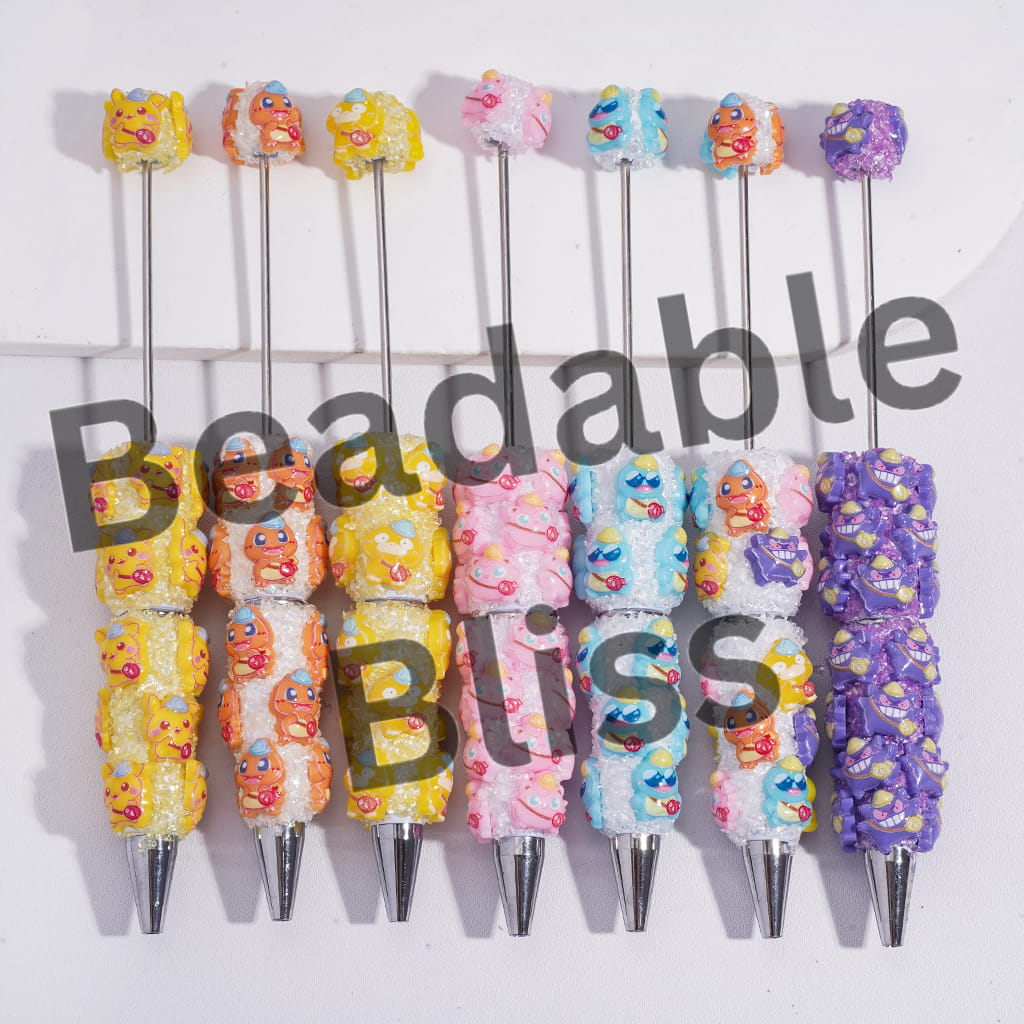 Handmade Beadable Sugar Clay Pens with Broken Rhinestones and Small Monster Character Covered the Entire Pens, Random Mix