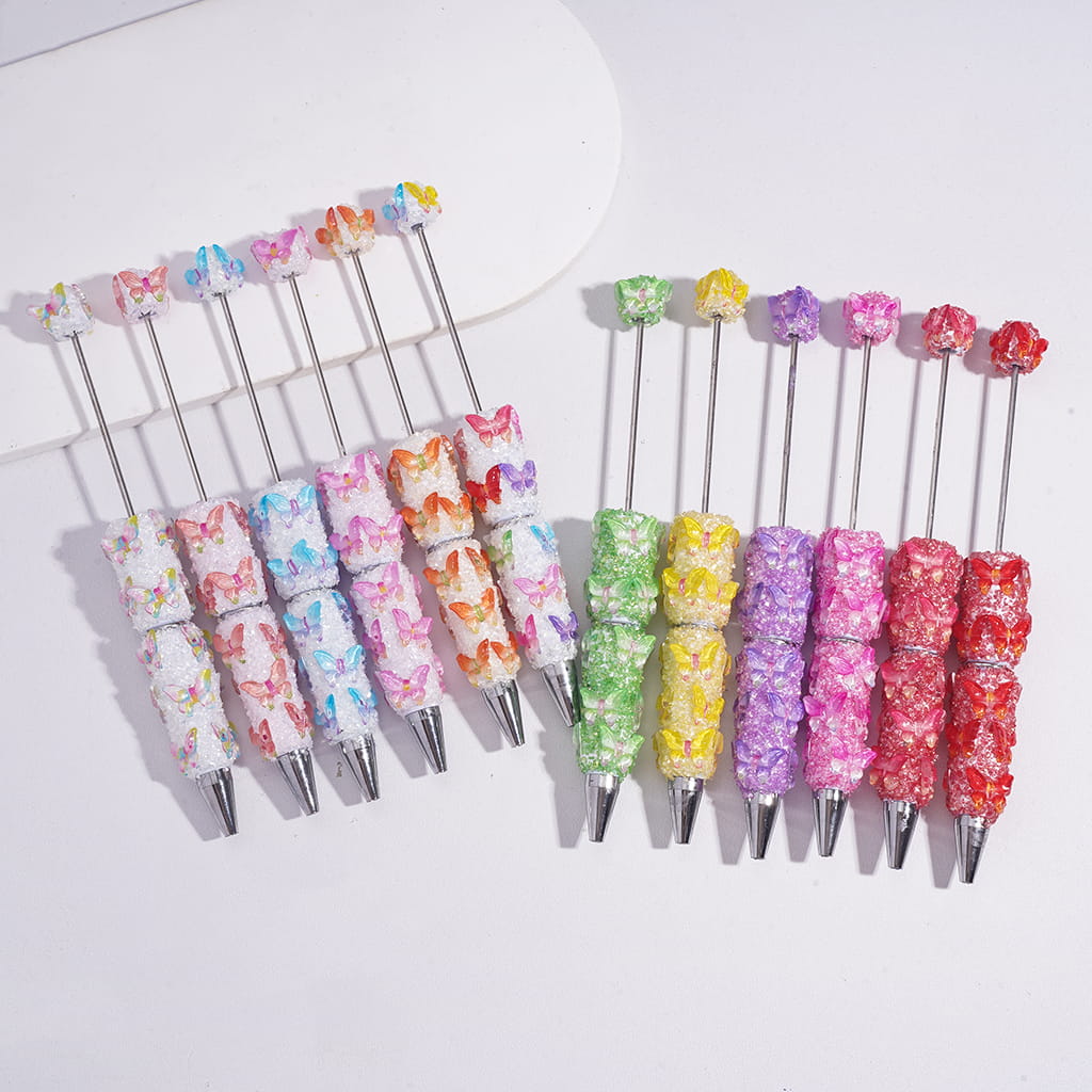 Handcrafted Beadable Sugar Clay Pens with Colorful Dreamy Butterflies and Broken Rhinestones Covered the Entire Pens, Random Mix