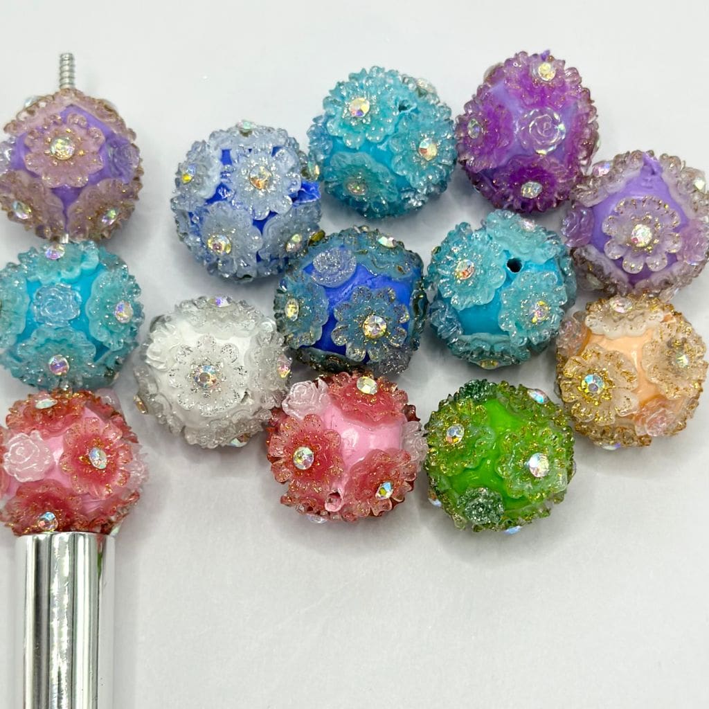 Round Fancy Clay Beads with AB Color Rhinestones Gold and Silver Glittery Flowers 18mm Random Mix