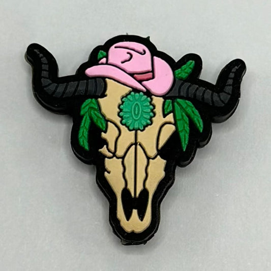Buffalo skeleton with Pink Cowboy Hat Aztec Print Silicone Focal Beads