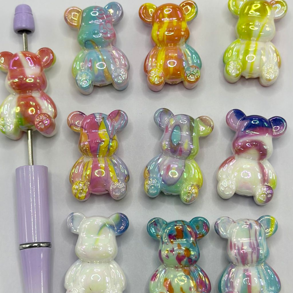 Teddy Bear Acrylic Beads with Water Painting Pattern Warm Colors Glossy Double Sided 22*32mm
