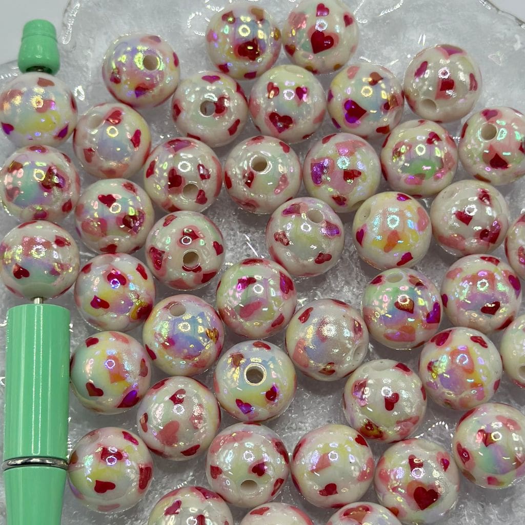 光沢のあるマルチカラーのアクリルビーズ、ハートプリント、ラウンドシェイプ、ラブ 16mm