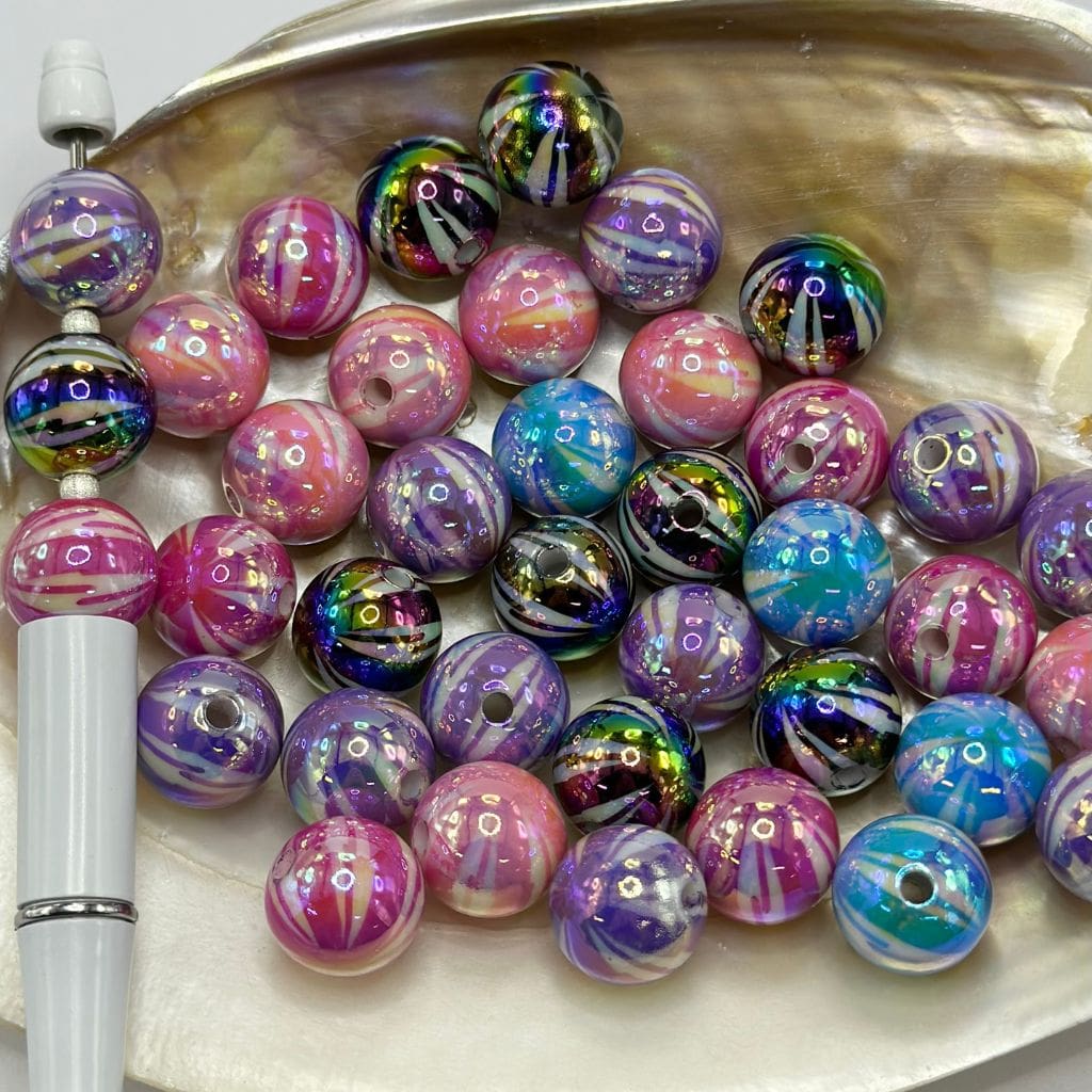 光沢のあるマルチカラーアクリルビーズ、稲妻ストライプ、UV仕上げ、ラウンドシェイプ、16mm