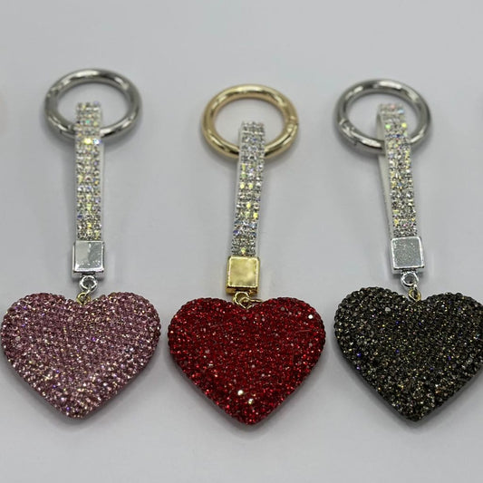 Large Heart Clay Charms with Rhinestones, Keychain Tassel, Keyring Clasp with Closure