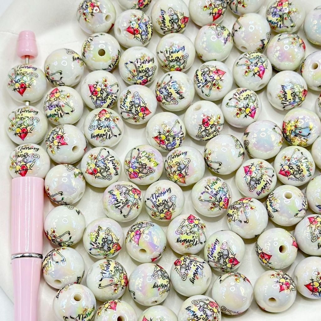 Nursing is a Work of Heart with Doctor Tools Round Acrylic Beads 16mm