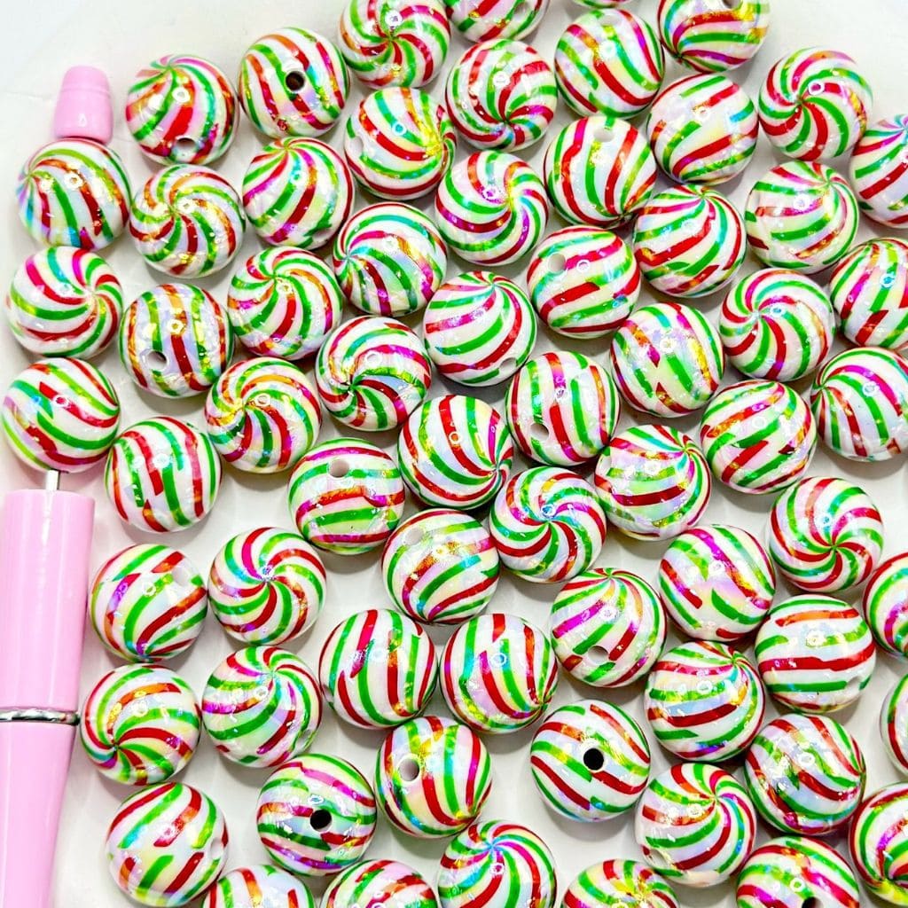 カラフルなクリスマス渦巻きキャンディストライプアクリルビーズ、16mm