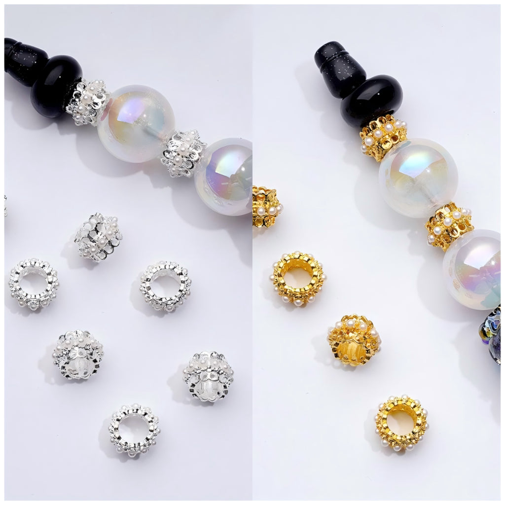 Mini Cute Gold Silver Metal Crown Shape Spacer with White Pearls, Around 10MM