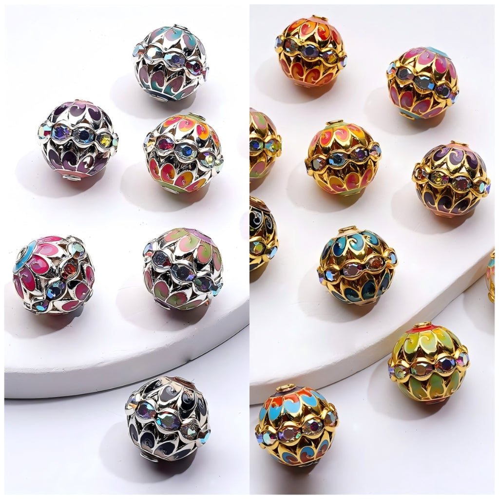 Gold Silver Alloy Nepal Beads with Colorful Paintings AB Rhinestones, Around 15*16MM