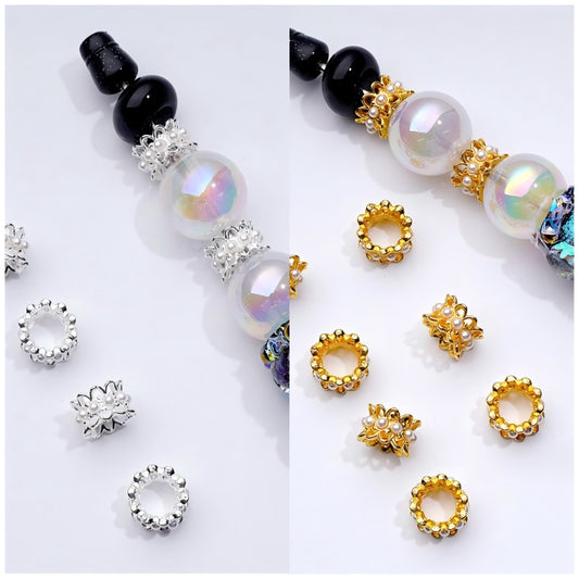 繊細でキュートなゴールドシルバーメタルスペーサー、ホワイトパールチェーン付き、約10mm