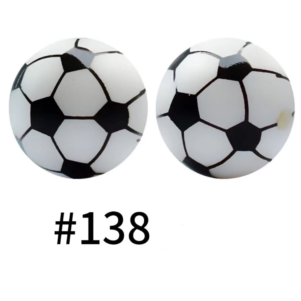 Soccer Ball Beads, Black and White Soccer Ball Design Printed Silicone Beads