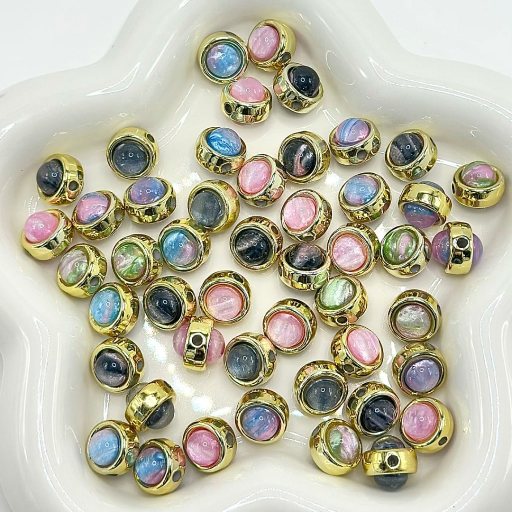 Gold Silver Color Round Loop Ring Acrylic Beads Colorful Rhinestone Inside, 12MM