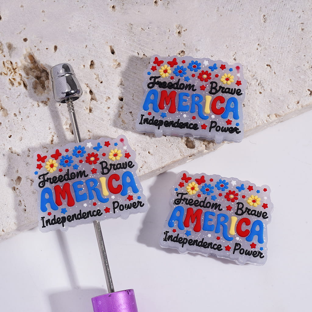 Silicone Focal Beads with Text "Freedom Brave AMERICA Independence Power" and Flowers, Silver Glitter
