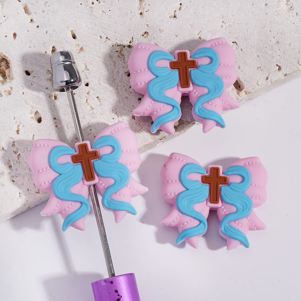 Silicone Focal Beads Pink Bowknot with Brown Cross and Blue Silk Ribbon