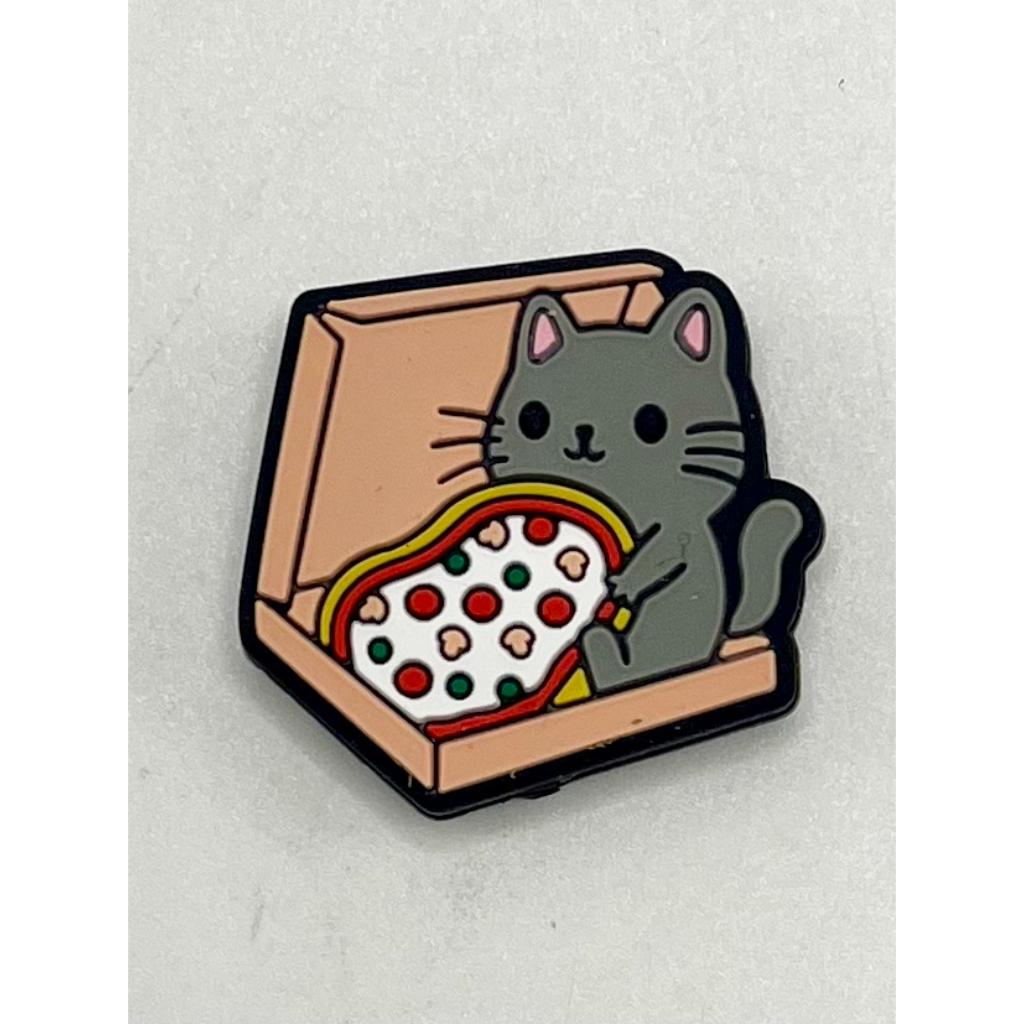 A silicone bead featuring a cute cat eating a pizza, designed for crafting purposes.