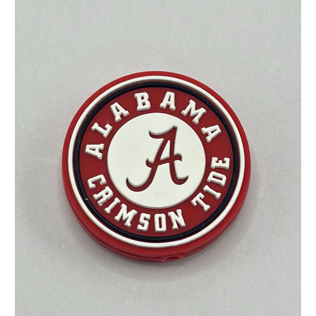 A round silicone bead featuring the Alabama Crimson Tide logo in red and white colors.