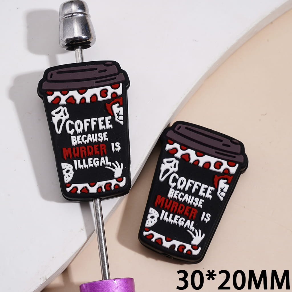 Silicone Focal Beads Halloween Coffee Cup with Skull Ghost Face Text "COFFEE BECAUSE MURDER is ILLEGAL"
