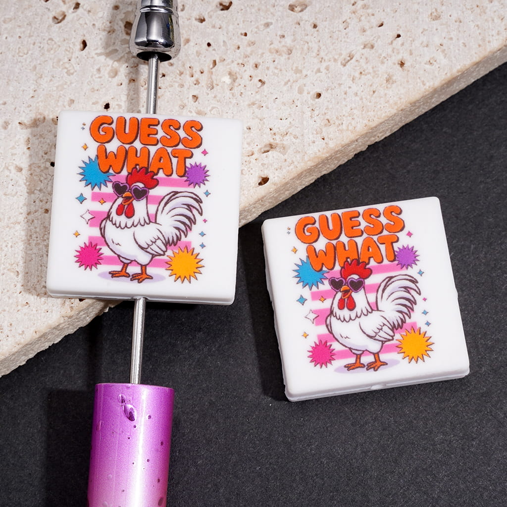 Silicone Focal Beads with Text "GUESS WHAT" and Rooster Wearing Heart Shaped Sunglasses, Flat Square Shape