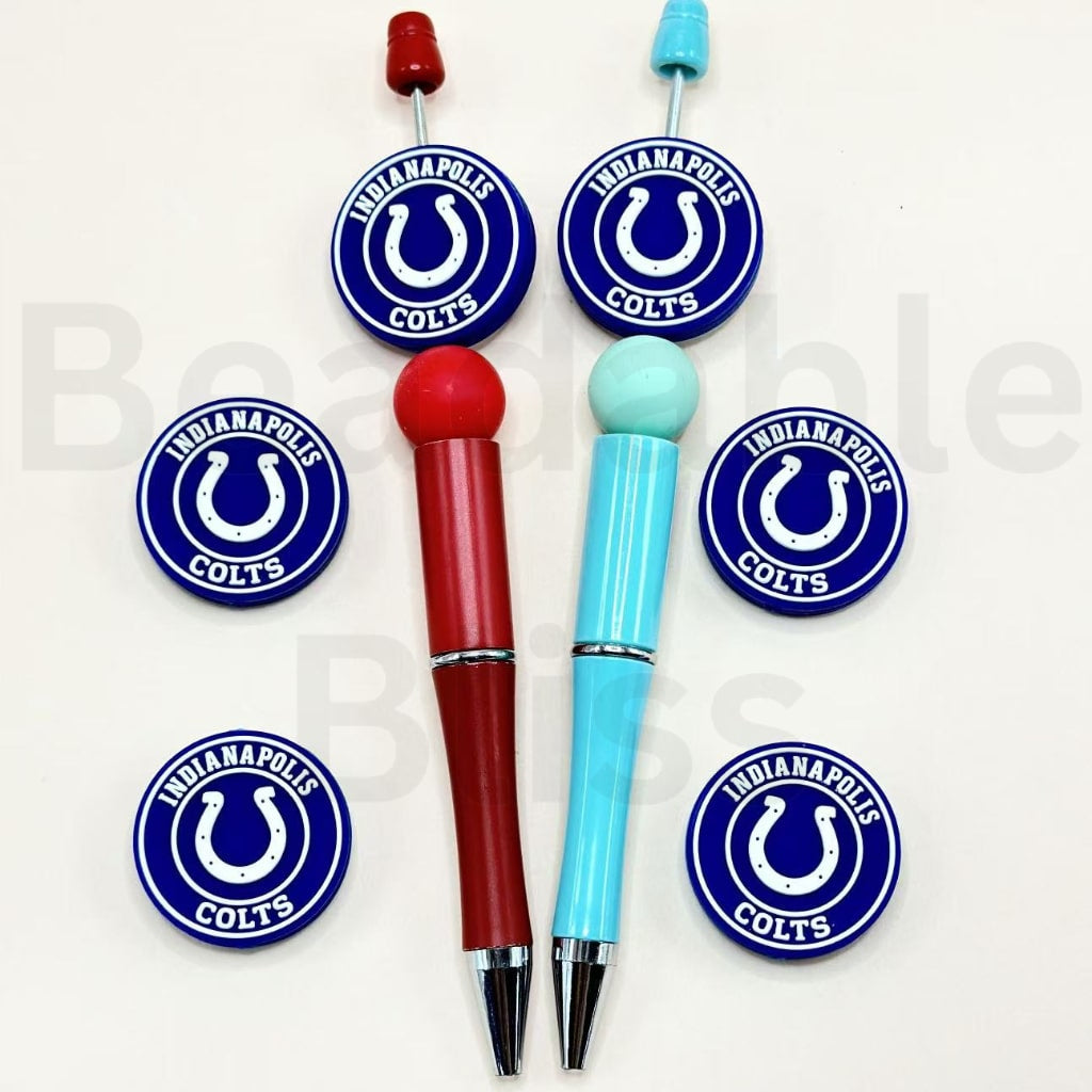 Two pens, one red and one blue, with Indianapolis Colts logos on a white background.
