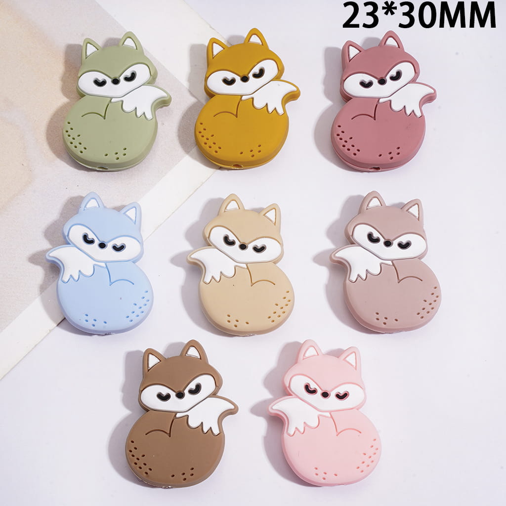 Silicone Focal Beads w Sleeping Fox Design, 23*30MM, Multi-Color Random Mix