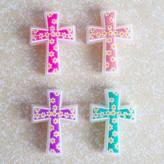 Mini Cute Colorful Glitter Crosses with Flowers Jesus Christ Religion Silicone Focal Beads, Random Mix