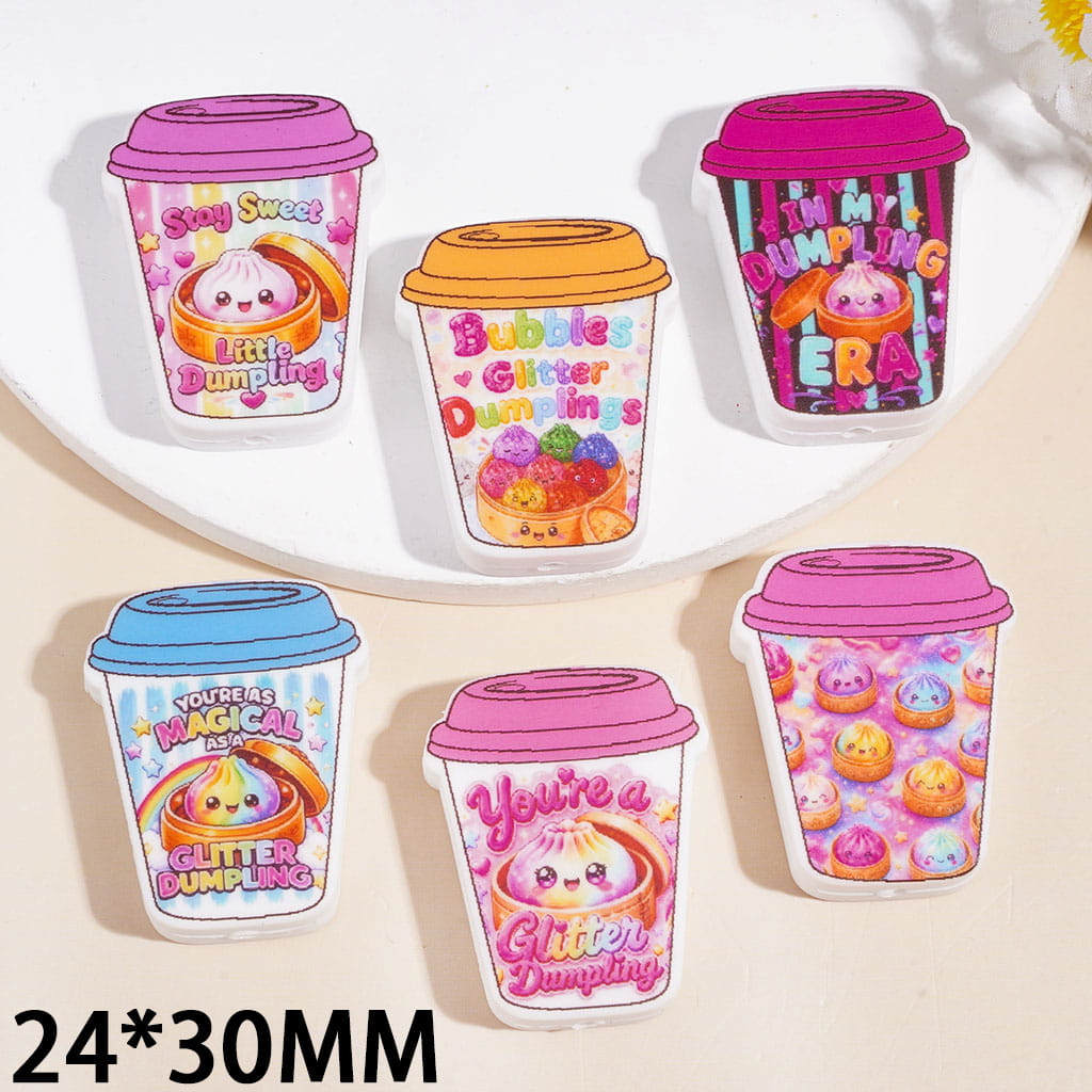 Silicone Focal Beads Neon Style Coffee Cup Series with Dumpling, 24*30MM Random Mix