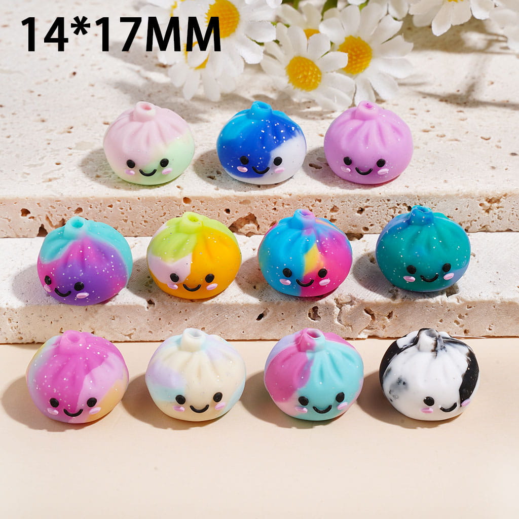 3D Colorful Gradient Dumpling with Silver Glitter Silicone Focal Beads, 14*17MM Random Mix